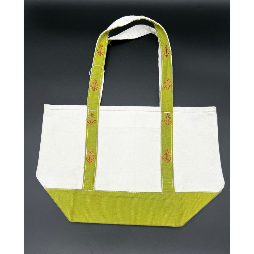 Nautical Canvas Tote Bag Lime Green White Embroidered Orange Anchors Beach Bag